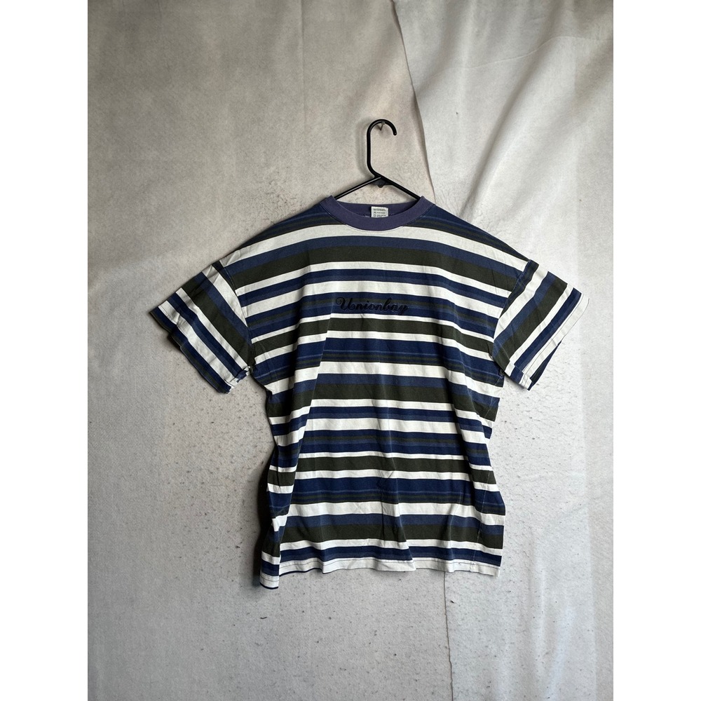 Vintage Unionbay Striped T-Shirt Mens One Size Blue Green White Made in USA 90s